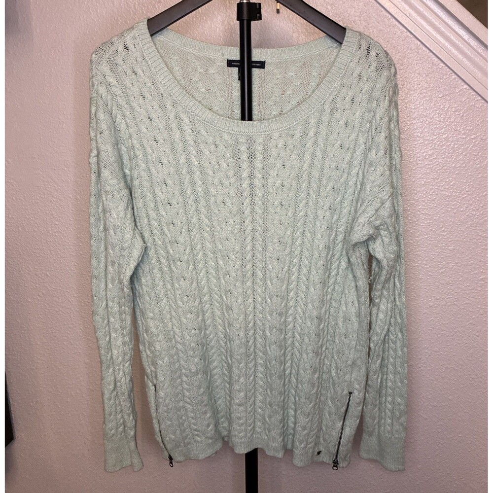 American Eagle Outfitters Cable Knit Crew Neck Sweater Side Zip Vent Hems Sz XL